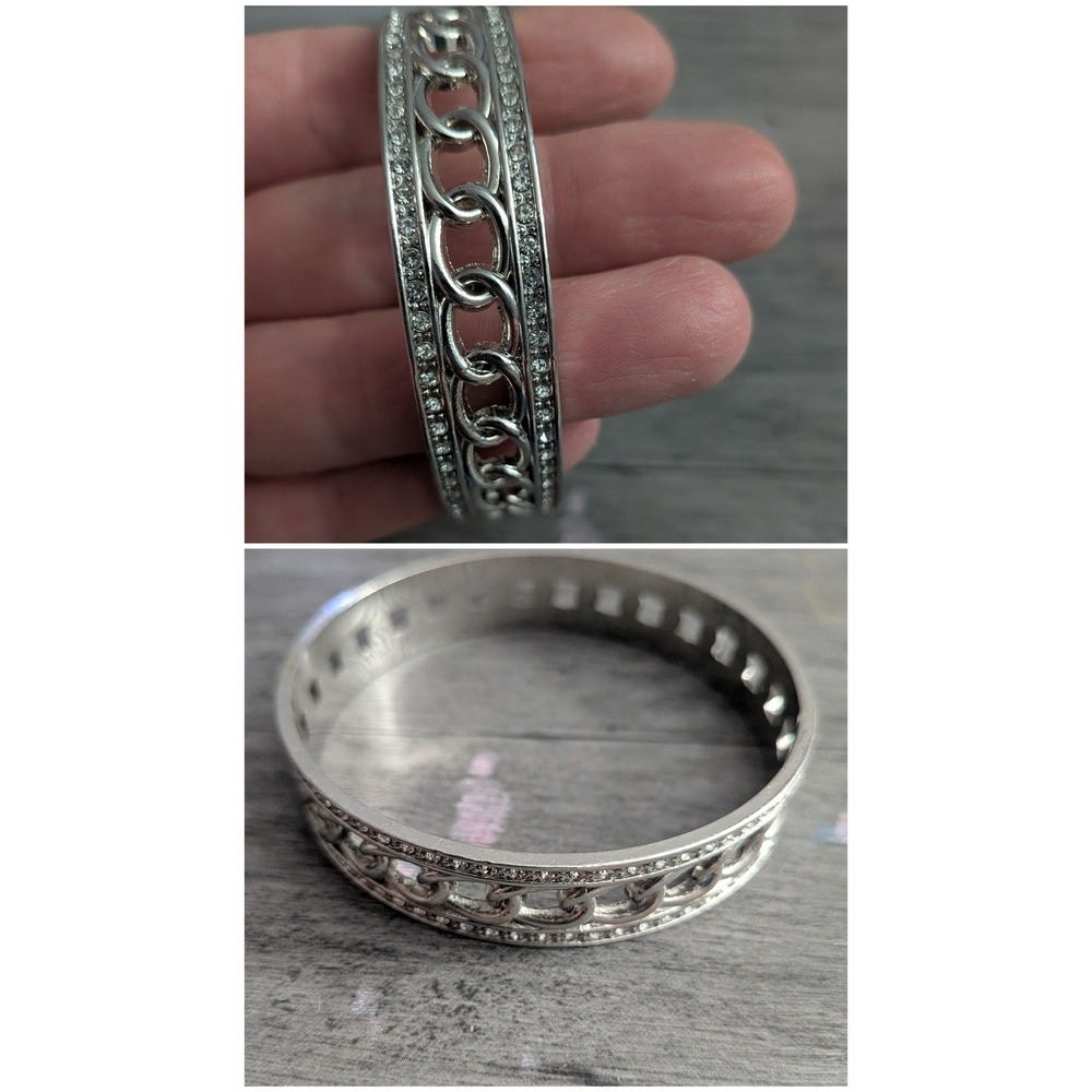 Silver Tone Curb Chain Pave Crystal Bangle Bracelet Open Link Cuff